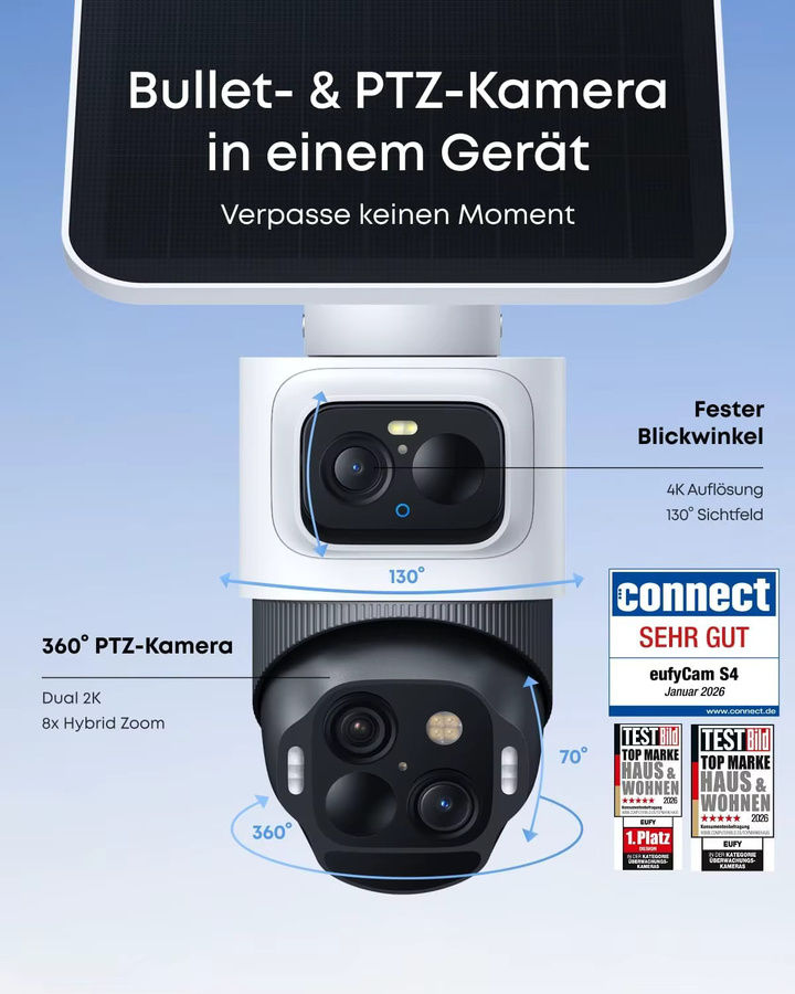 Anker eufy Security eufyCam S4 kabellose Solar-Outdoor-Überwachungskamera mit 3-Linsen Bullet-PTZ-Funktion, 4K UHD, 360° Multi-Kamera-Auto-Tracking, 8x Hybridzoom und Farbnachtsicht in Weiß, kompatibel mit HomeBase S380 - Bild 2
