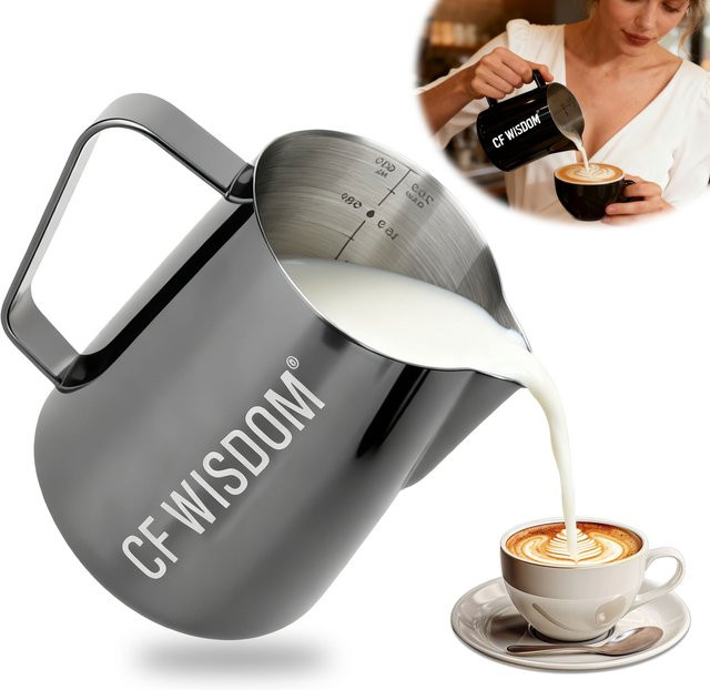 CF Wisdom Espresso-Milchaufschäumkrug mit Krokodil-Auslauf-Design aus Edelstahl, 600 ml, Schwarz/Silber - Bild 1