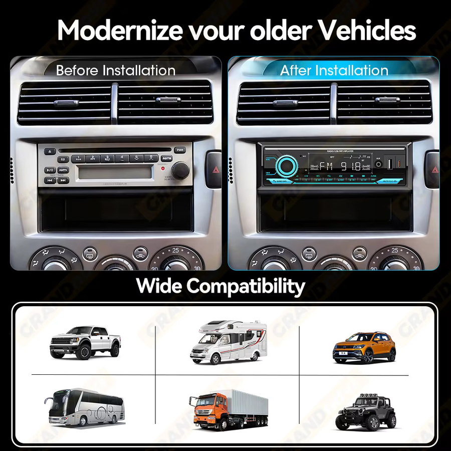 Grandnavi 1-DIN Stereo MP3-Player mit Bluetooth, USB-C, AUX und Sprachassistent in Schwarz - Bild 2