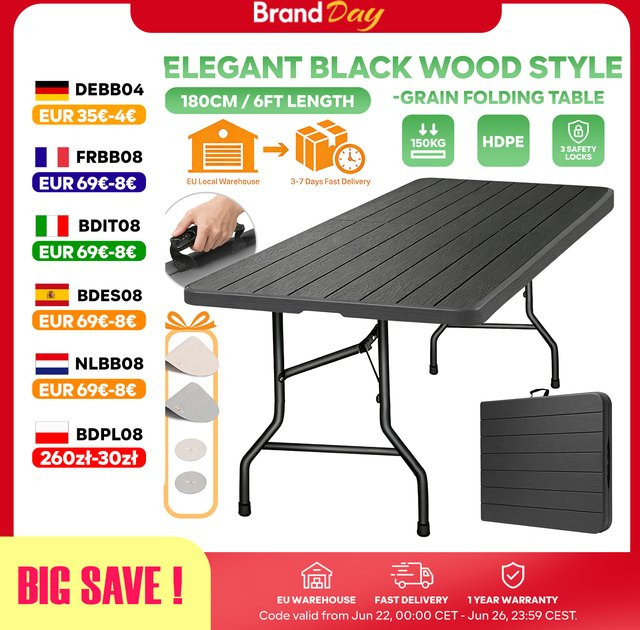 Eiryss Tragbarer Klapptisch aus HDPE für Garten und Camping, Rechteckig, Schwarz/Braun, Breite: 180 cm, Höhe: 74 cm, Tiefe: 70 cm, inklusive 2 Tischsets und Untersetzern - Bild 1
