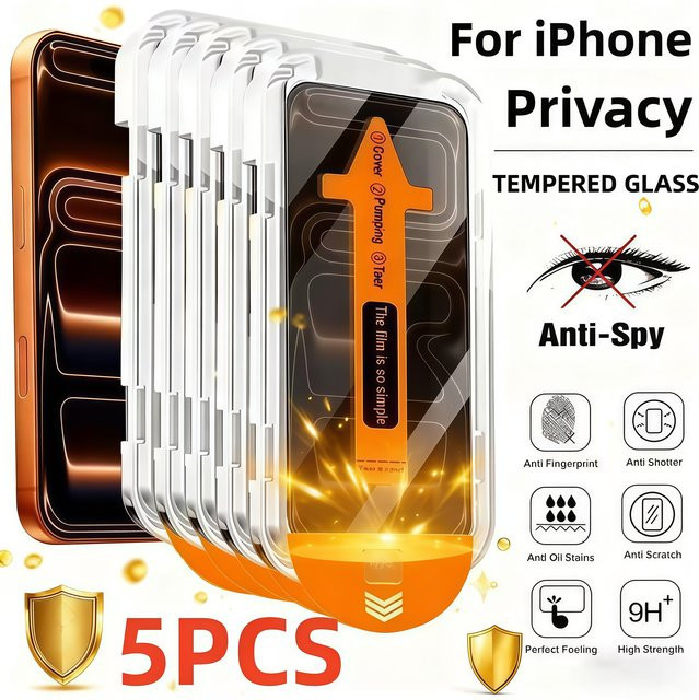 5er Pack PJPK Anti-Spy Displayschutz aus gehärtetem Glas für iPhone 17 16 15 14 13 12 11 Pro Max, transparent - Bild 1