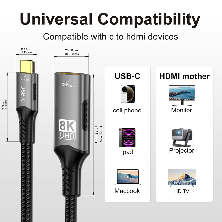 FDBRO USB-C auf HDMI 8K Verlängerungskabel mit 8K@60Hz und 4K@120Hz Unterstützung, 32,4 Gbit/s Adapter für Laptop, MacBook, PC und Smartphone zu TV oder Monitor - Bild 2