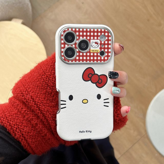 Sanrio Hello Kitty Handyhülle mit Schleife und Linsenschutz aus hartem Leder für iPhone 17 16 15 14 13 Pro Max in Weiß - Bild 1