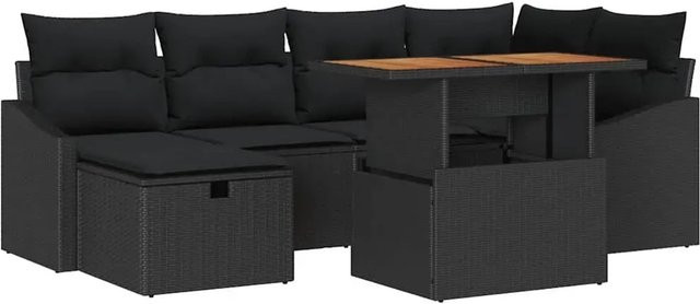 vidaXL Garten-Sofa-Set aus Polyrattan in Schwarz mit Kissen, Ottomane und Couchtisch, 7-teiliges L-Shape Lounge-Set für Terrasse und Garten - Bild 1