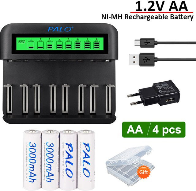 PALO Akku Set mit 8 AA Ni-MH Batterien 3000mAh und Smart Ladegerät für AA AAA C D Batterien - Bild 1
