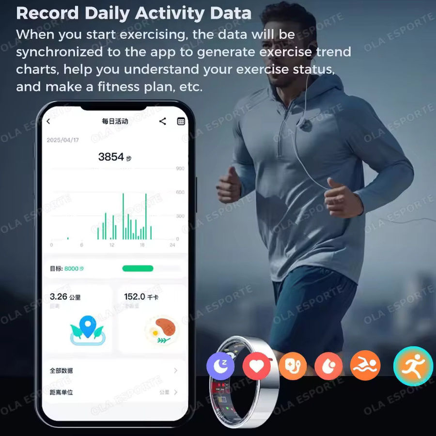 Ola Esporte Smart Ring Schwarz Unisex mit Herzfrequenz-, Blutdruck-, Sauerstoff- und HRV-Monitor sowie Wasserdichtigkeit - Bild 4