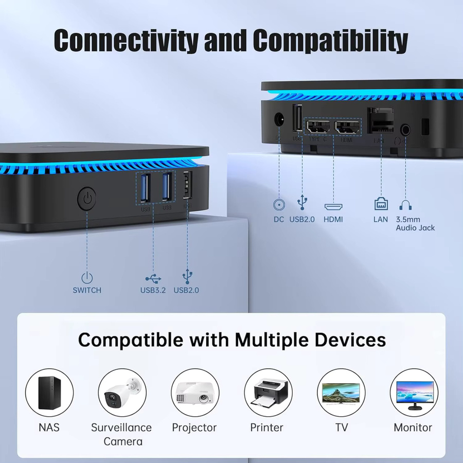 NIPOGI Mini-PC mit Intel Pentium Silver N5030 Prozessor, 8GB LPDDR4, 256GB M.2 SSD, Windows 11, Schwarz, Wi-Fi und Bluetooth - Bild 3