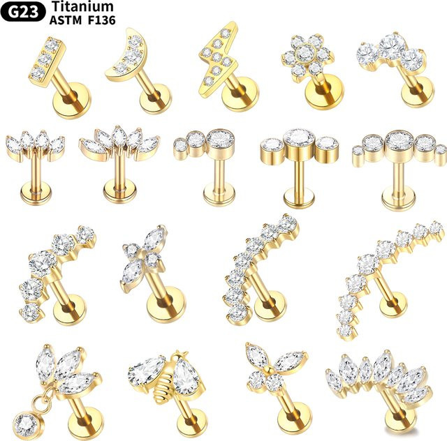 SWANJO Labret-Piercings, Titan, Goldfarben, Zirkonia, Damen - Bild 1