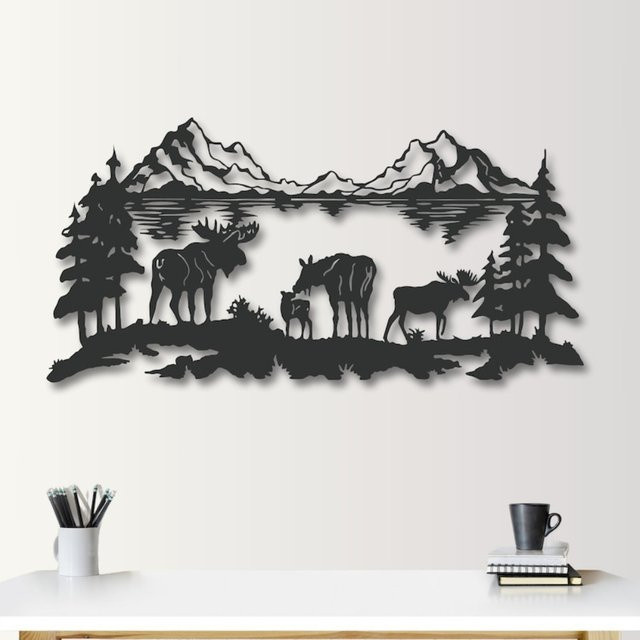 CIFBUY Elch-Familie Metall-Wandkunst in Schwarz, Rustikale Bergsee-Silhouette aus Eisen als Natur-Dekoration für dein Zuhause - Bild 1
