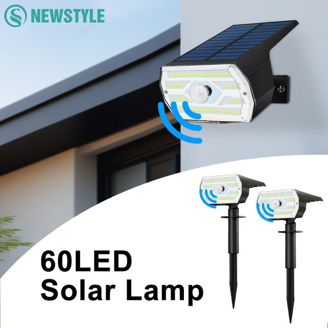 Wasserdichte LED-Solar-Gartenleuchten mit 60 SMD-LEDs und Bewegungsmelder, moderne Solar-Flutlichtstrahler für Außenbereich und Hofwand in Schwarz - Bild 1