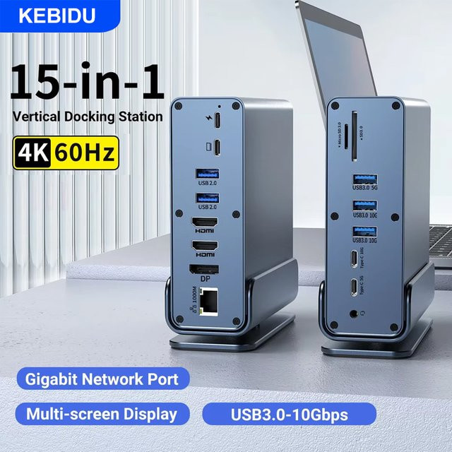 KEBIDU 15-in-1 USB-C Dockingstation in Grau mit 4K@60Hz HDMI, USB-A, RJ45, SD/TF und 3,5mm Audio Anschlussadapter für Laptop und PC - Bild 1