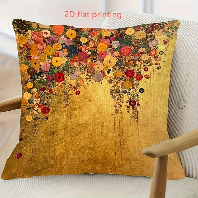 Kissenhülle im Gustav Klimt Stil mit floralem Golddruck, Boho Vintage Kissenbezug für Sofa und Bett, B/B: 60 x 60 cm - Bild 1