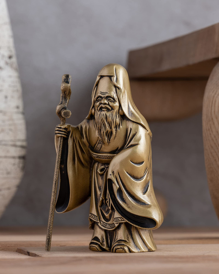 Buddhistische Statue Fukurokuju Silky Gold von VALLETTA JAPAN, Bildhauer Makita Shuun, Antikgold, Takaoka Kupferwaren, Höhe: 8,5 cm, Breite: 5,2 cm, Tiefe: 3,5 cm - Bild 4
