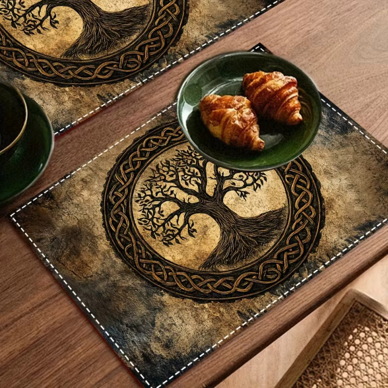 VIKAMA Tischsets 4er-Set mit Lebensbaum-Motiv in Braun, rechteckige und rutschfeste Tischsets aus Kunstleder, waschbar - Bild 5