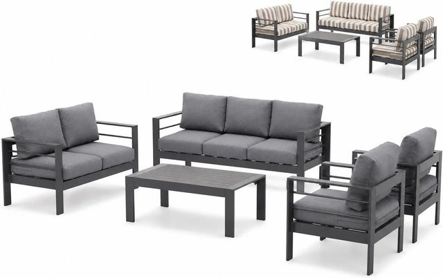 MeXo Gartenmöbel Set für 7 Personen aus pulverbeschichtetem Aluminium in Grau mit khaki gestreiften Polsterkissen - Bild 1
