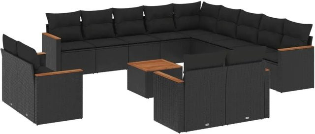 vidaXL 14-teilige Garten-Sofagarnitur in L-Form aus Poly-Rattan und Akazienholz mit Kissen in Schwarz - Bild 1