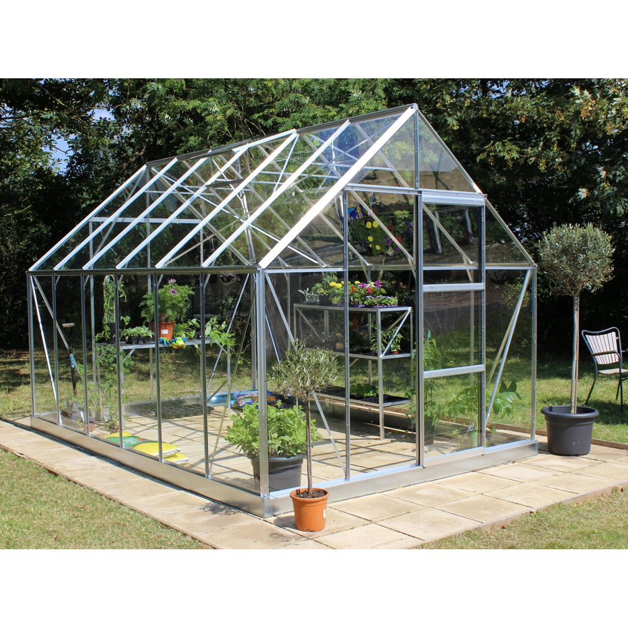 Halls Gewächshaus Universal 128 aus Aluminium und Glas in Silber mit Satteldach und Schiebetür, B/T/H: 257 x 384 x 230 cm - Bild 2