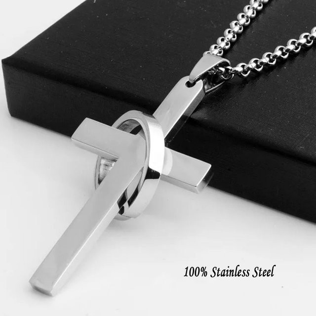 Halskette mit Kreuz und Kreis Anhänger, Edelstahl, Silber, Herren - Bild 1