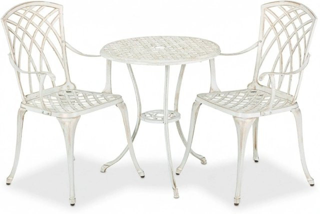 Relaxdays Gartenmöbel Set aus Aluminiumguss in Weiß und Bronze mit Schirmloch im Vintage-Design mit Flechtoptik, B/T/H: 89 x 52 x 50 cm und 67 x 60 cm - Bild 1