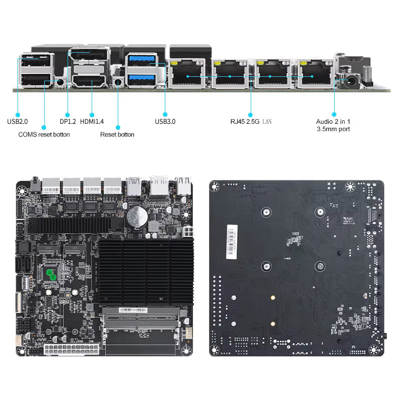 YiHESZ Industrie-Motherboard für NAS mit J4125/N5105 Prozessor, 4x 2.5G I225 Netzwerk, 2 M.2-Steckplätzen, 6x SATA und DisplayPort, Schwarz - Bild 3