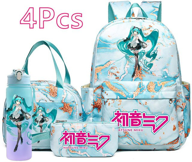 CRAZY FLY HS1 Set aus Rucksack, Handtasche, Federmäppchen und 750 ml Wasserflasche mit Hatsune Miku Aufdruck in Blau für Teenager - Bild 1