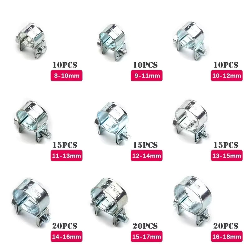 YISEONG 135-teiliges Mini-Schlauchschellen-Set aus verzinktem Stahl in Silber für Kraftstoffleitungen und Kraftstoffeinspritzschläuche, 8–18 mm - Bild 2