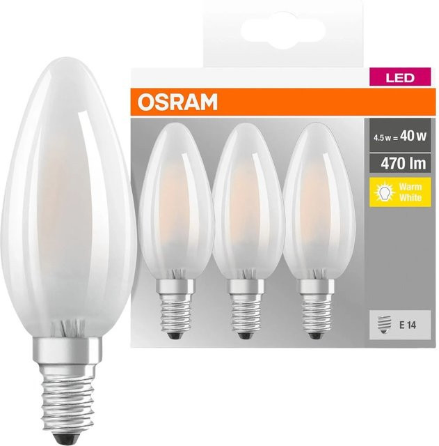 Osram LED Leuchtmittel E14 Kerzenform in Weiß, 470 Lumen, 4,2 W, 2700 K Warmweiß, 3er Set - Bild 1