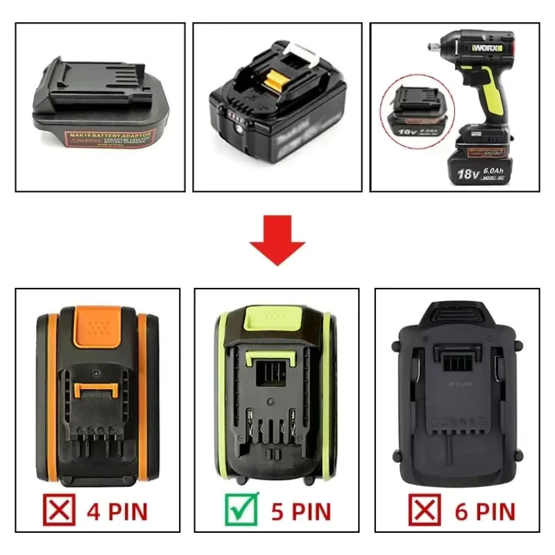 Worx Akku Adapter MT18WORX5 zur Konvertierung von Makita BL Serie 18V Li-Ion Akkus für Worx 5PIN 20V Elektrowerkzeuge, Schwarz - Bild 4