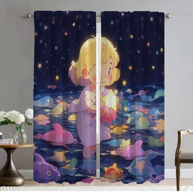 Star Girl Elegante Raumvorhänge mit Sternen, 2 Stück Tüll-Vorhänge in Blau, B: 50 cm, H: 70 cm - Bild 1