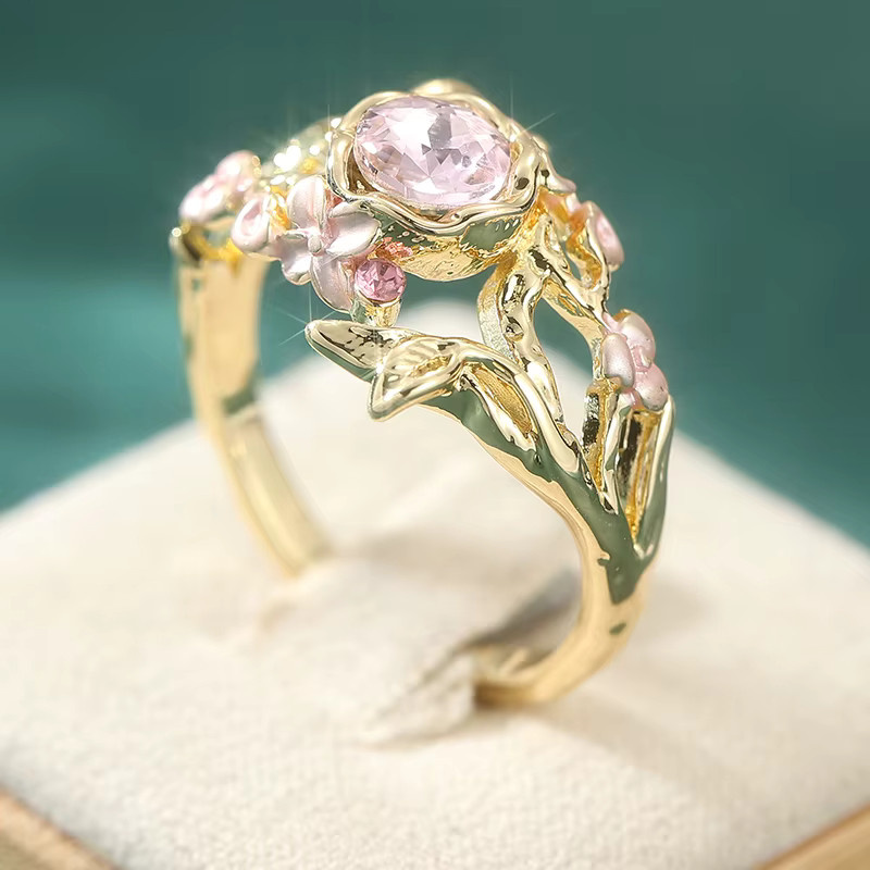 YoYo Ring, Blumen, Rosa Zirkonia, Gold, Vintage, Damen - Bild 2