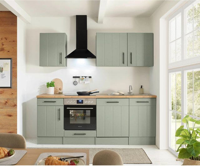 Respekta Küchenzeile Anton Landhausdesign in Schilfgrün mit Einbau-Herd-Set und Soft-Close-Türen, Breite: 220 cm - Bild 1