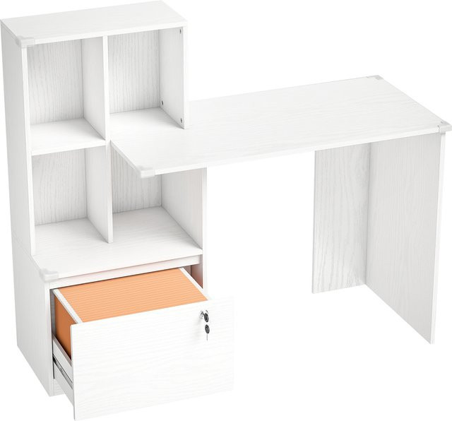 HOMCOM Computerschreibtisch mit 4-Fächer-Regal und abschließbarer Hängeregistraturschublade in weißer Holzmaserung, B/T/H: 126 x 50 x 109 cm - Bild 1