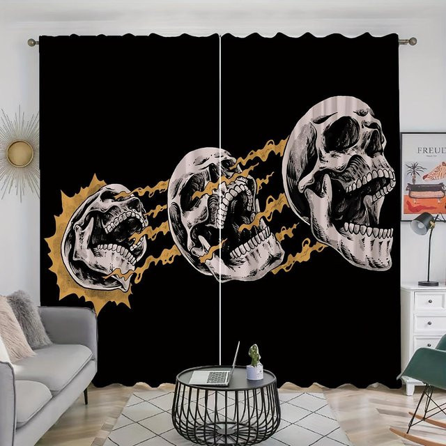 Dekorative Vorhänge mit Totenkopfmuster in Schwarz, Fensterdekoration mit Ösen für Schlafzimmer und Wohnzimmer, Breite: 100 cm, Höhe: 130 cm - Bild 1