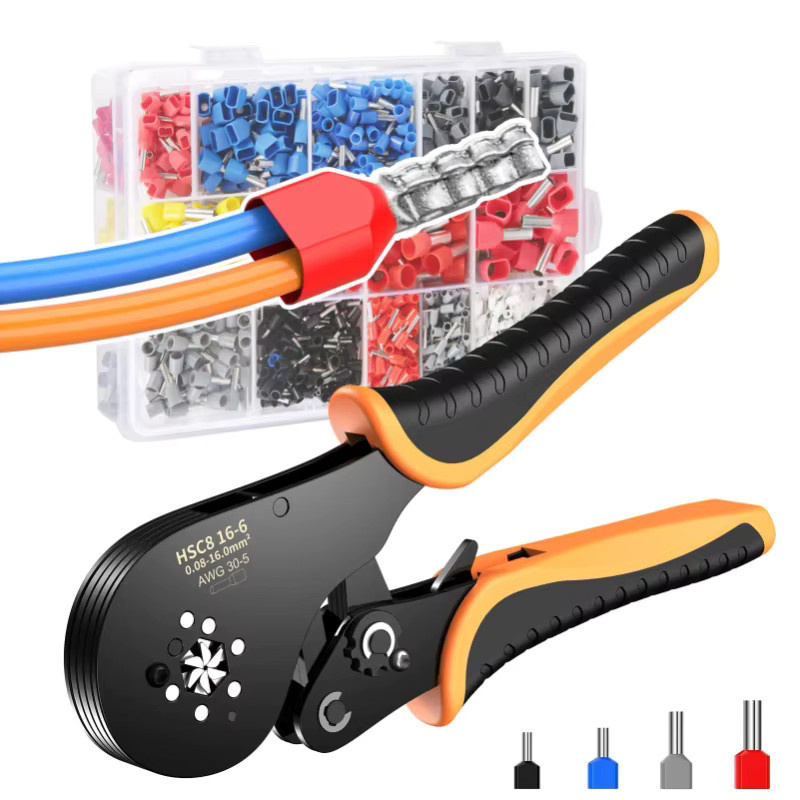 Sechskant-Kabelcrimpzangen-Set mit Ratschenfunktion für Aderendhülsen 0,08-16mm² AWG 30-5, inklusive 1200 Stück Einzel- und Doppelhülsenklemmen in Orange und Schwarz - Bild 7