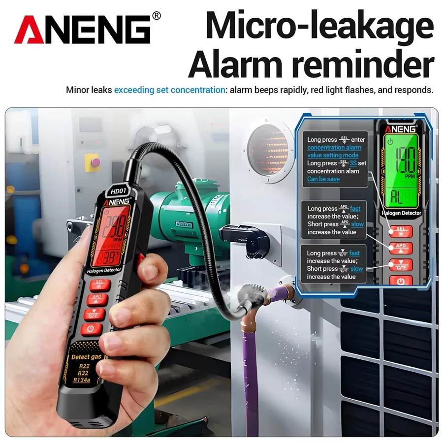 ANENG HD01 Kältemitteldetektor für Halogenlecks, Tragbares Gas-Freon-Messgerät für R22, R32, R134a und Klimaanlagen, Schwarz - Bild 4