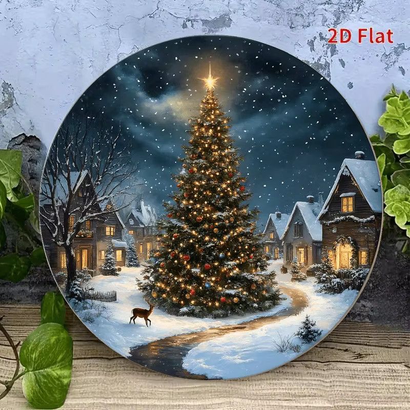 Potdemiel Vintage-Wandkunst aus Aluminium mit Weihnachtsbaum und verschneiter Dorfszene, rund, Durchmesser: 20,3 cm - Bild 4