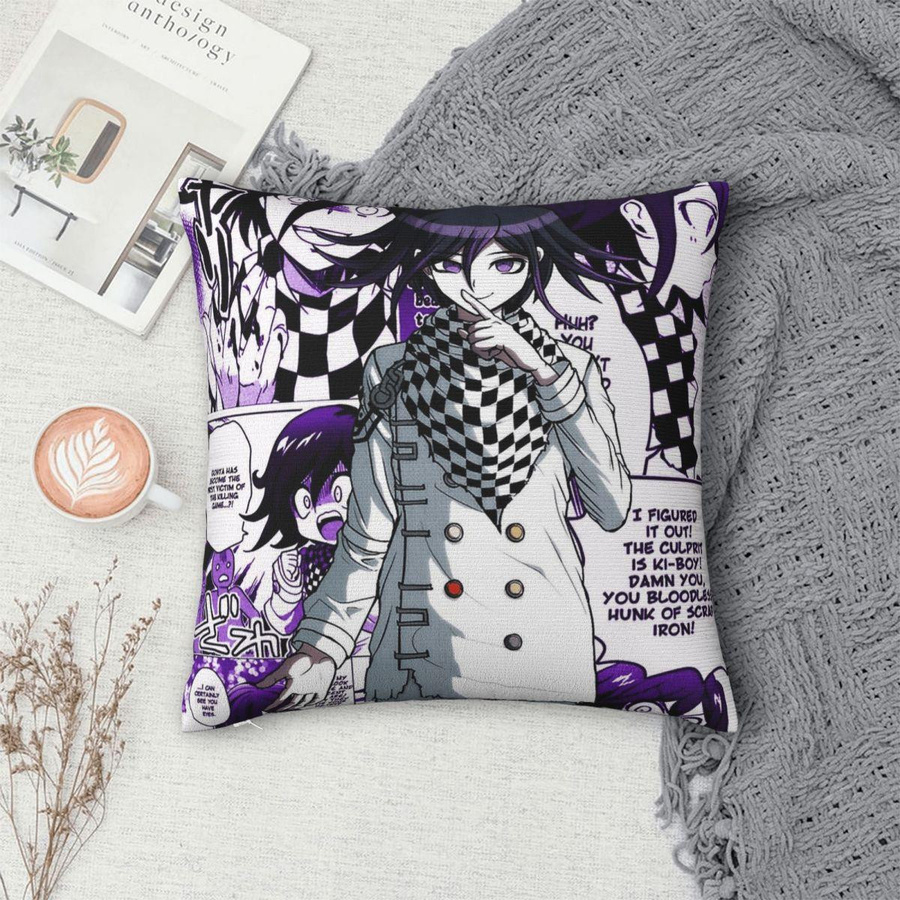 Quadratischer Kissenbezug Kokichi Oma Danganronpa in Lila aus Polyester-Leinen-Samt mit Reißverschluss, B/T: 18 x 18 cm - Bild 2