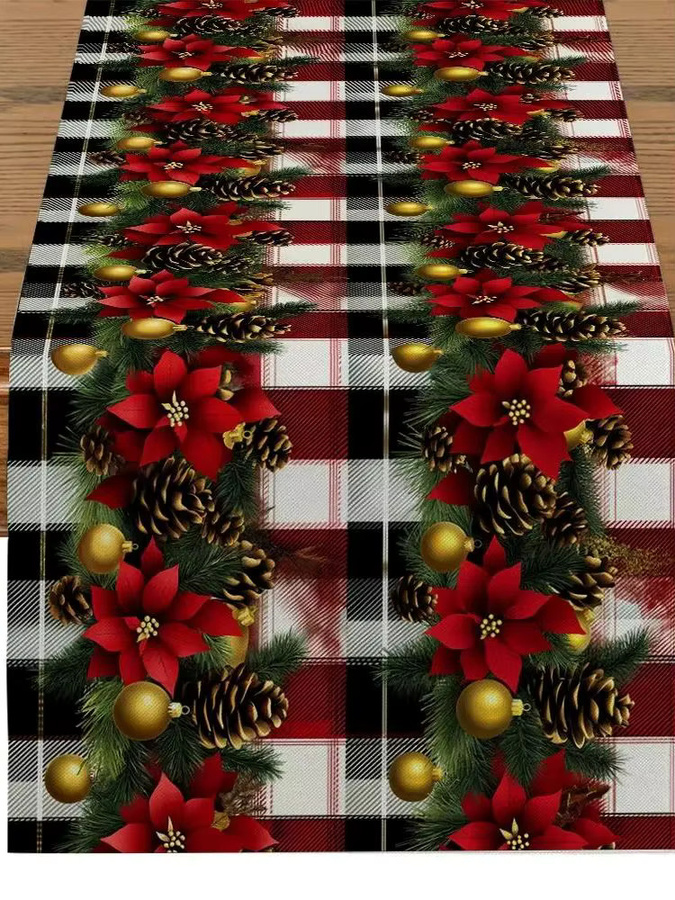 VIKAMA Weihnachts-Tischläufer mit Karomuster, Stechpalme und Tannenball für deine festliche Dekoration - Bild 2