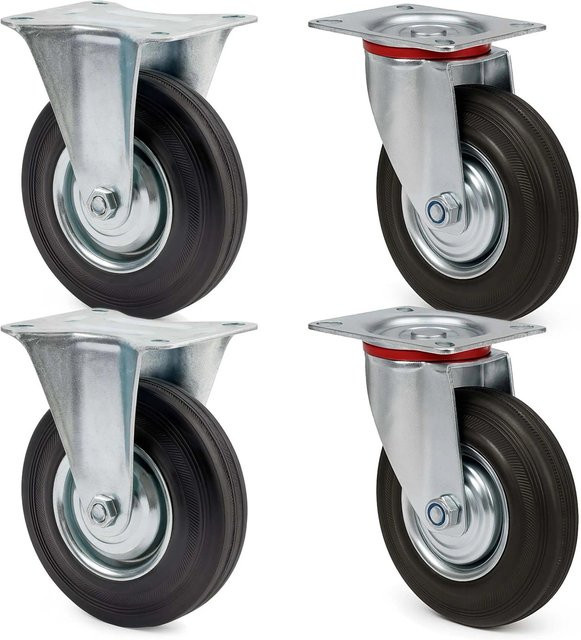 Wiltec Transportrollen Set aus Metall und Gummi in Schwarz, 4 Stück mit 2 Lenkrollen ungebremst und 2 Bockrollen, Tragkraft pro Rolle 70 kg, Durchmesser 100 mm - Bild 1