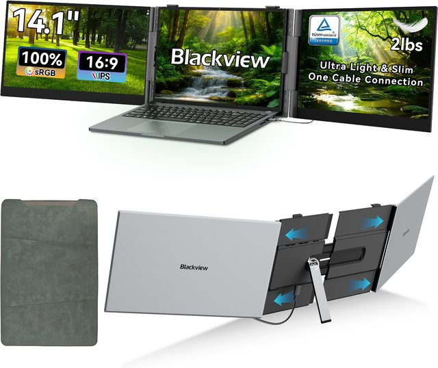 Blackview DCM6 Pro Dreifach-Laptop-Bildschirm-Erweiterung, 14 Zoll 1080P FHD IPS Tragbarer LCD-Monitor, 60Hz, Schwarz/Grau, Kompatibel mit Windows, Mac und Mobilgeräten - Bild 1