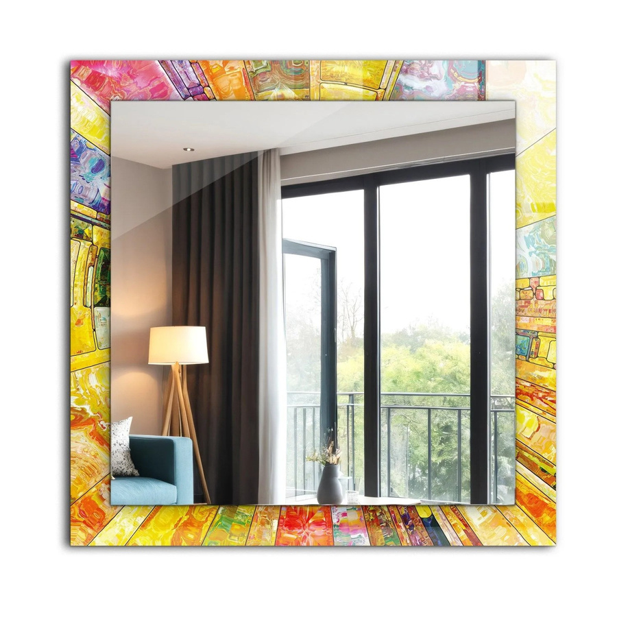 Tulup Dekorativer Spiegel mit abstraktem Mosaik-Druck in Multicolour und Gelb, Rechteckig, Breite: 60 cm, Höhe: 60 cm - Bild 2