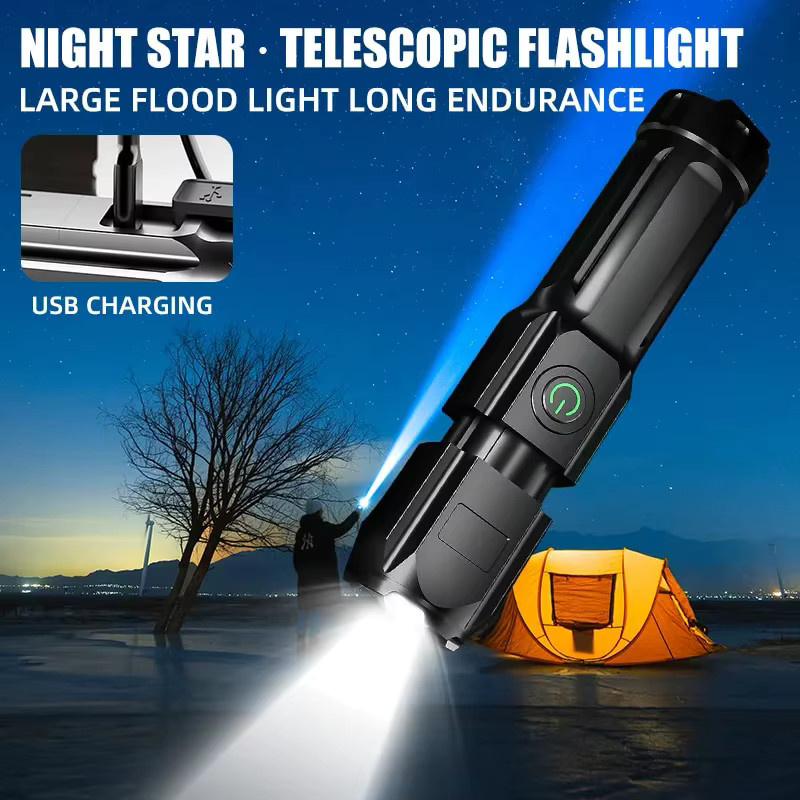 Wasserdichte LED-Taschenlampe in Schwarz mit Fokusfunktion und USB-wiederaufladbarem 18650 Akku für Outdoor und Zuhause - Bild 2