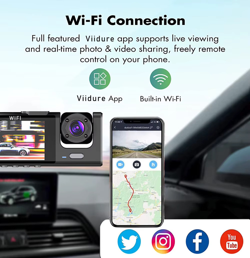 MYOLSD 3-Kanal Dashcam mit Full HD 1080P und WIFI, Mini Auto DVR Recorder für Innen- und Außenbereich, Schwarz - Bild 3