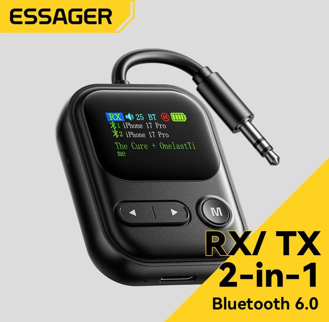 Essager Bluetooth 6.0 Sender und Empfänger 2-in-1 Adapter mit LED-Anzeige und Mikrofon in Schwarz für Autolautsprecher via 3,5 mm AUX - Bild 1