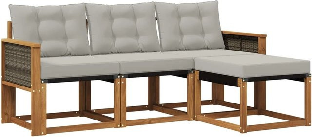 vidaXL Outdoor-Sofagarnitur L-Form aus Akazienholz mit Textilene und Kissen, Hellgrau - Bild 1