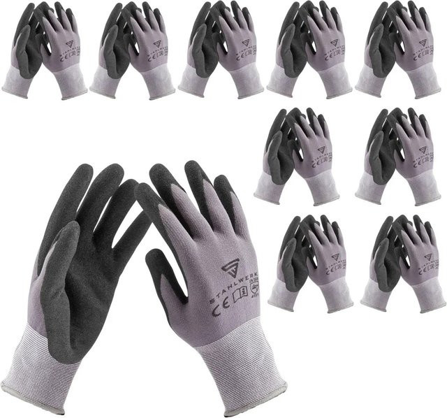 Stahlwerk Montagehandschuhe 10 Paar in Grau, Größe L, mit Nitril-PU-Beschichtung - Bild 1