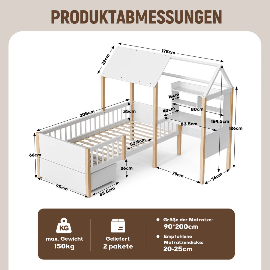 LVHOM Multifunktionales Kinderzimmerbett aus Massivholz und MDF in Weiß mit L-Schreibtisch, Bücherregal, Lattenrost, Rausfallschutz und rollbaren Schubladen, B/T/H: 90 x 200 cm - Bild 2