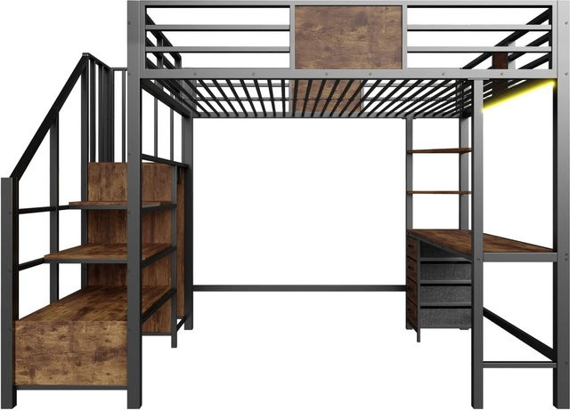 Merax Hochbett aus Metall und MDF mit Schreibtisch, LED-Unterbettbeleuchtung und USB-Ladeport, B/T/H: 200 x 140 x 175 cm - Bild 1