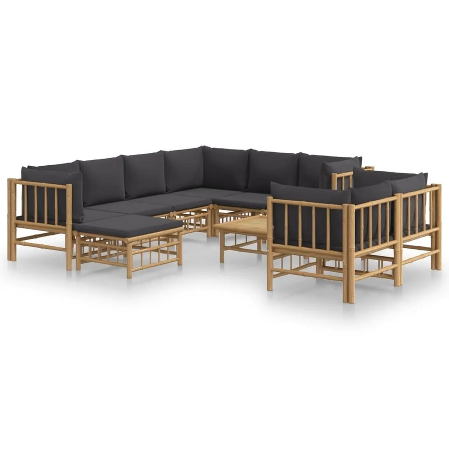 vidaXL 10-tlg Garten-Lounge-Set aus Bambus mit dunkelgrauen Polsterkissen - Bild 2