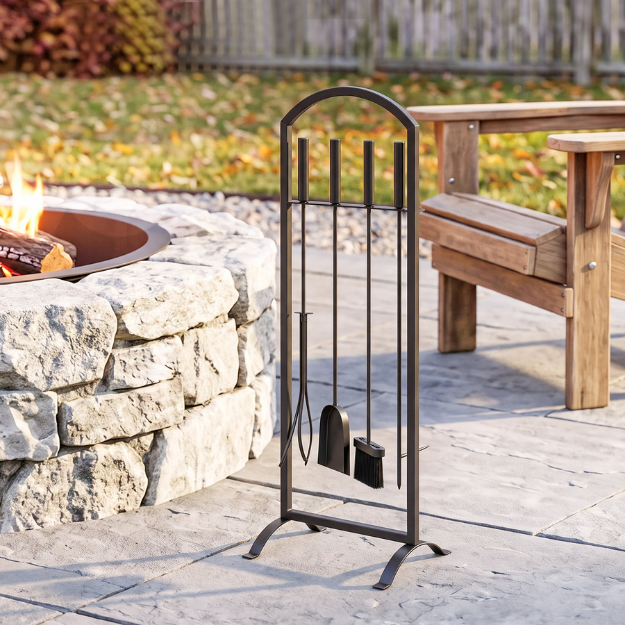 Outsunny 6-teiliges Kamin-Set aus Metall in Schwarz mit Holztragetasche, bestehend aus Bürste, Schaufel, Feuerhaken, Zange und Ständer - Bild 2